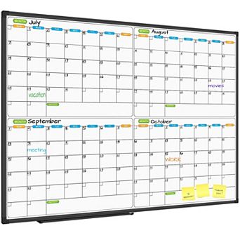 Magnetic Dry Erase Calendar Whiteboard 4 Month Planner 48x36 Inch Black Aluminum Frame Wall Mounted