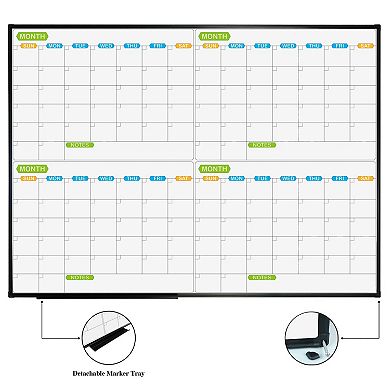 Magnetic Dry Erase Calendar Whiteboard 4 Month Planner 48x36 Inch Black Aluminum Frame Wall Mounted