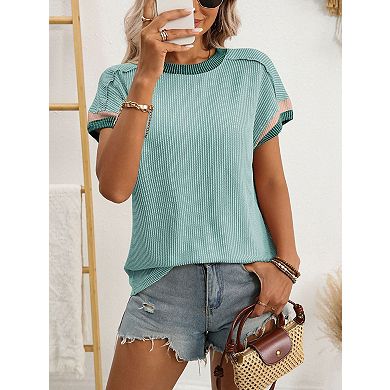 Womens Fashion Color Block Short Sleeve Crewneck Knit Tops