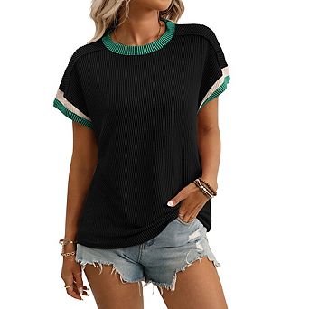 Womens Fashion Color Block Short Sleeve Crewneck Knit Tops