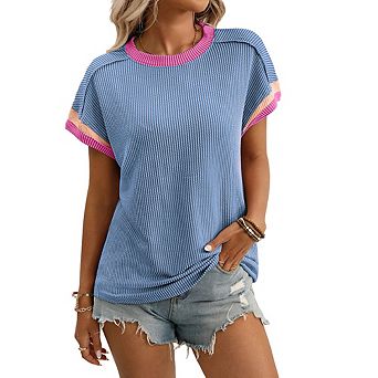 Womens Fashion Color Block Short Sleeve Crewneck Knit Tops