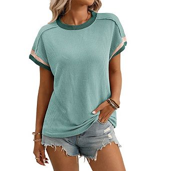 Womens Fashion Color Block Short Sleeve Crewneck Knit Tops