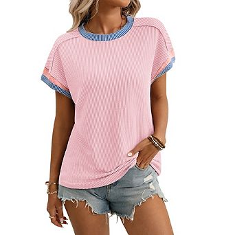 Womens Fashion Color Block Short Sleeve Crewneck Knit Tops