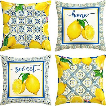 Lemon Pillow Cases Blue Cyan Burlap Farmhouse Spring Summer Decor