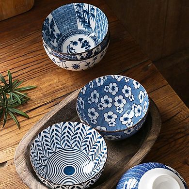 Japanese-Style Ceramic Rice & Cereal Bowls Set of 6, Microwave & Dishwasher Safe