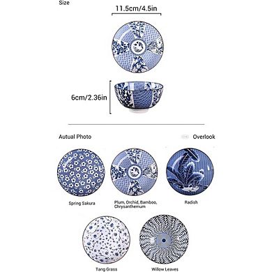 Japanese-Style Ceramic Rice & Cereal Bowls Set of 6, Microwave & Dishwasher Safe