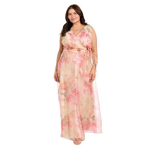 Женские платья R&M Plus Size R&M Richards Floral Organza Faux-Wrap Maxi Dress with Sash