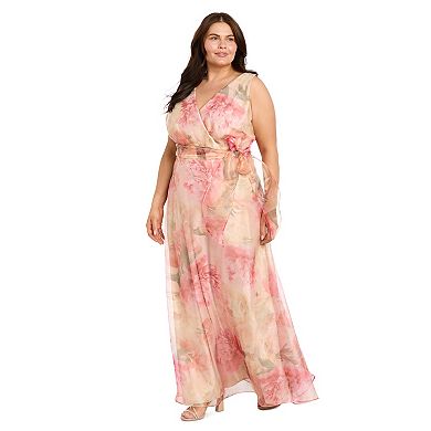 Plus Size R&M Richards Floral Organza Faux-Wrap Maxi Dress with Sash