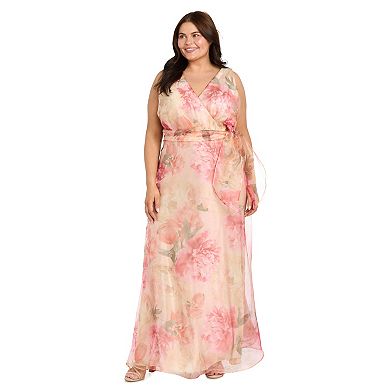 Plus Size R&M Richards Floral Organza Faux-Wrap Maxi Dress with Sash