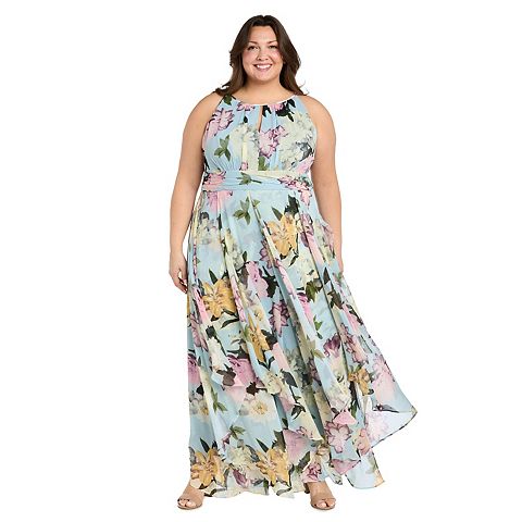 Женские платья R&M Plus Size R&M Richards Floral Metallic Chiffon Halter Dress with Hankie Hem