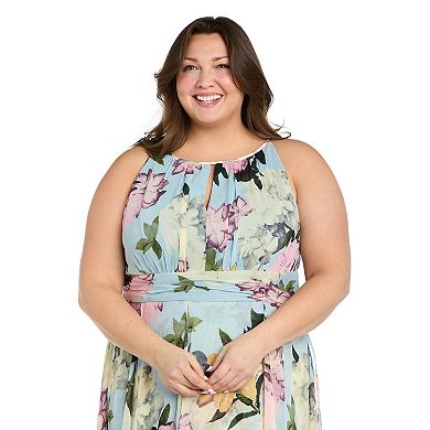 Plus Size R&M Richards Floral Metallic Chiffon Halter Dress with Hankie Hem