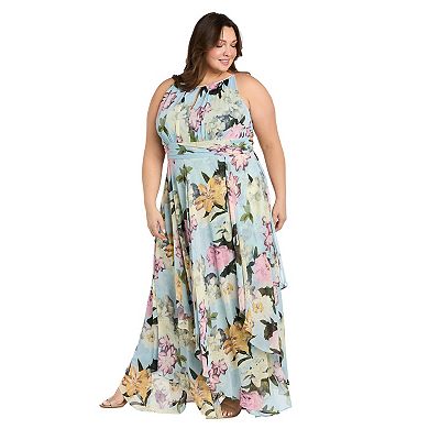 Plus Size R&M Richards Floral Metallic Chiffon Halter Dress with Hankie Hem