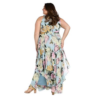 Plus Size R&M Richards Floral Metallic Chiffon Halter Dress with Hankie Hem