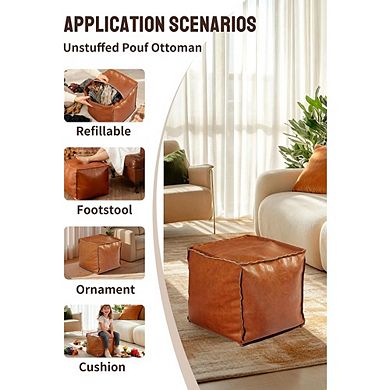 Moroccan Faux Leather Pouf Ottoman Cover Waterproof Square Footrest Storage