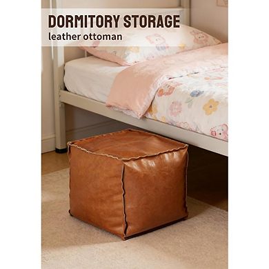 Moroccan Faux Leather Pouf Ottoman Cover Waterproof Square Footrest Storage
