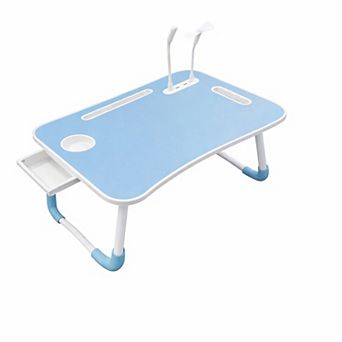 Blue Portable Foldable Laptop Bed Desk with USB Ports, Cooling Fan, and LED Light