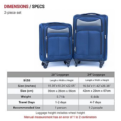 WOW PIONEER Two-Piece Softside Luggage Set with Spinner Wheels and Adjustable Handle
