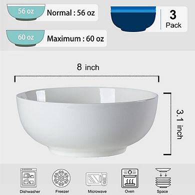 Large Off-White Porcelain Soup Bowls Set of 3, 60 oz, Microwave Safe