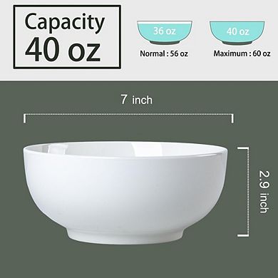 Large White Ceramic Soup & Salad Bowls Set of 4, 40 oz, Microwave Safe