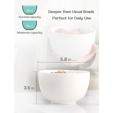 Large Ceramic Soup & Cereal Bowls Set, 30oz, Dishwasher & Oven Safe, White