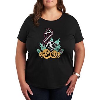 Plus Size Summerween Flamingo Skeleton Graphic Tee