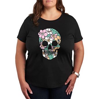 Plus Size Summerween Tropical Floral Skull Graphic Tee