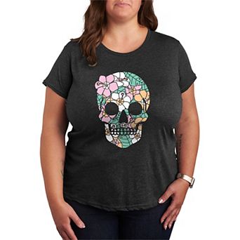 Plus Size Summerween Tropical Floral Skull Graphic Tee