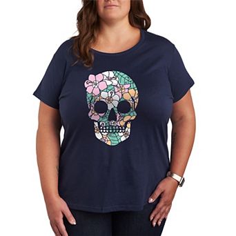 Plus Size Summerween Tropical Floral Skull Graphic Tee