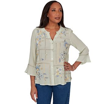 Women's Alfred Dunner Indigo Girls Floral Embroidered Squares Button Front Top