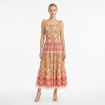 Women's Maison Tara Boho Floral Smocked Maxi Dress with Ruffle Straps