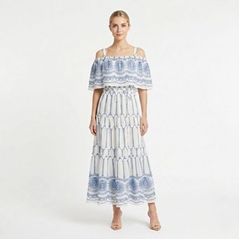 Women's Maison Tara Cold Shoulder Maxi Dress with Tiered Skirt & Metallic Border Print