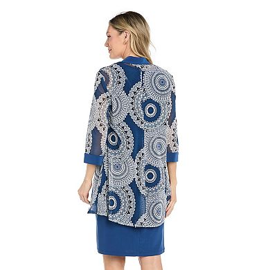 Women's R&M Richards 3-Piece Puff Print Mesh Jacket & Shift Dress