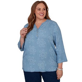 Plus Size Alfred Dunner Camden Market Tonal Embroidered Soft Henley Top
