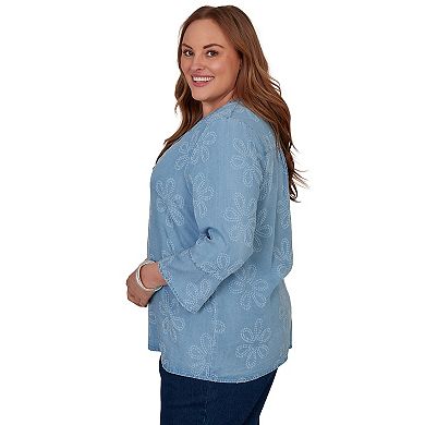 Plus Size Alfred Dunner Camden Market Tonal Embroidered Soft Henley Top