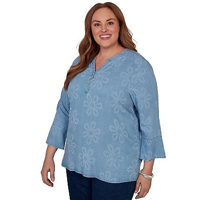 Plus Size Alfred Dunner Camden Market Tonal Embroidered Soft Henley Top