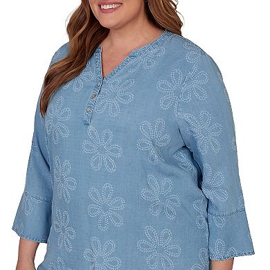 Plus Size Alfred Dunner Camden Market Tonal Embroidered Soft Henley Top