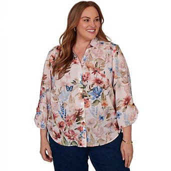 Plus Size Alfred Dunner Camden Market Botanical Butterfly Button Front Top