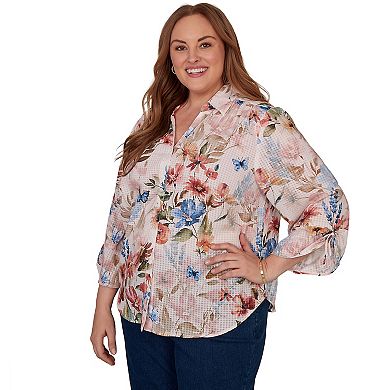 Plus Size Alfred Dunner Camden Market Botanical Butterfly Button Front Top