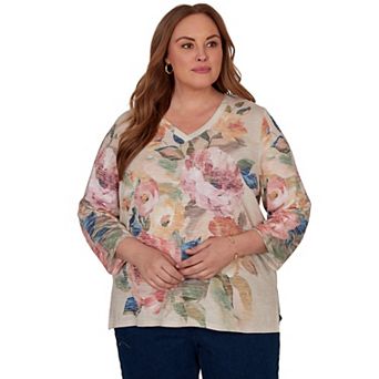 Plus Size Alfred Dunner Camden Market Bold Roses V-Neck Knit Top