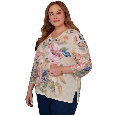 Plus Size Alfred Dunner Camden Market Bold Roses V-Neck Knit Top