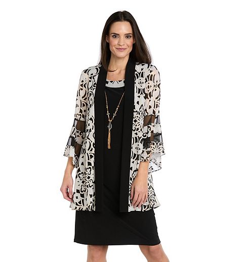 Женские платья R&M Petite R&M Richards 3 pc Printed Chiffon Bell-Sleeve Jacket & Sheath Dress Set
