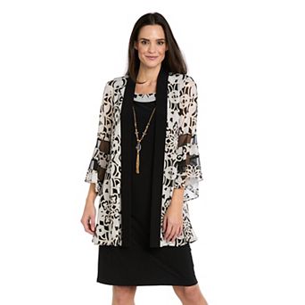 Petite R&M Richards 3 pc Printed Chiffon Bell-Sleeve Jacket & Sheath Dress Set
