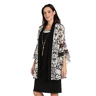 Petite R&M Richards 3-Piece Printed Chiffon Bell-Sleeve Jacket & Sheath Dress Set