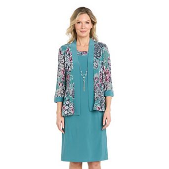 Petite R&M Richards 3 pc Printed Mesh Jacket & Sheath Dress Set