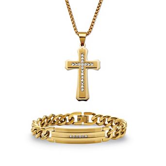 Men's Crystal Gold Ion-Plated Stainless Steel Cross Pendant Necklace Set 26 Inch