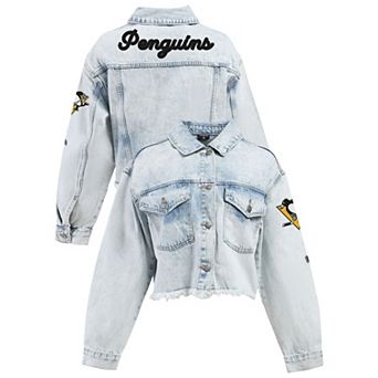Women's Hype and Vice Denim Pittsburgh Penguins Chenille Raw Edge Cropped Full-Button Jean Jacket