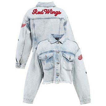 Women's Hype and Vice Denim Detroit Red Wings Chenille Raw Edge Cropped Full-Button Jean Jacket