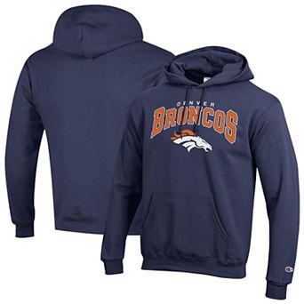 Men's Champion Navy Denver Broncos Powerblend Arch over Logo Hoodie