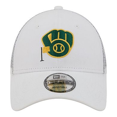 Men's New Era White Milwaukee Brewers Flag 9FORTY Trucker Adjustable Hat