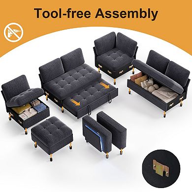 Opoiar 102" 5-Seat Sleeper Sectional Sofa, Pull-Out Bed, Reclining Back, USB & Storage, L-Shape